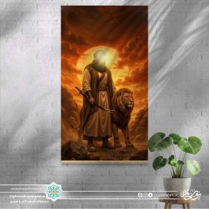 کتیبه عمودی تصویر مولا ایستاده کنار شیر و ذولفقار بدست (پس زمینه غروب)